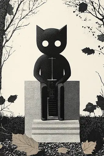 Midjourney generated image using SREF code Voidgrain: A black and white illustration of a cat sitting on a bench.
