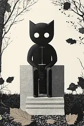 Midjourney generated image using SREF code Voidgrain: A black and white illustration of a cat sitting on a bench.