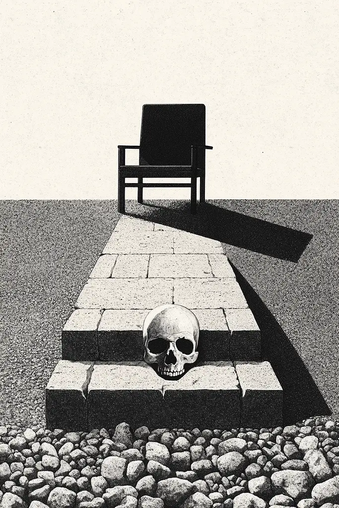 Midjourney generated image using SREF code Voidgrain: A black and white drawing of a chair and a skull.