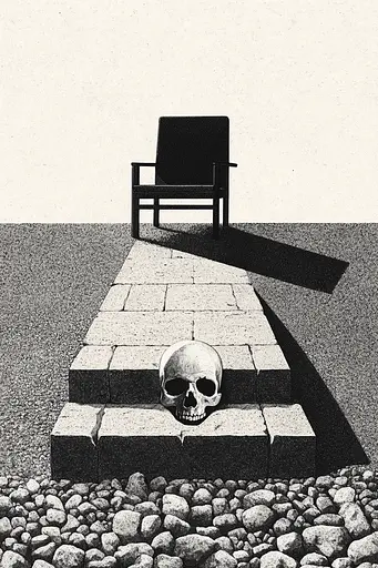 Midjourney generated image using SREF code Voidgrain: A black and white drawing of a chair and a skull.