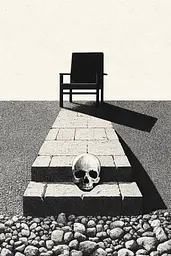 Midjourney generated image using SREF code Voidgrain: A black and white drawing of a chair and a skull.