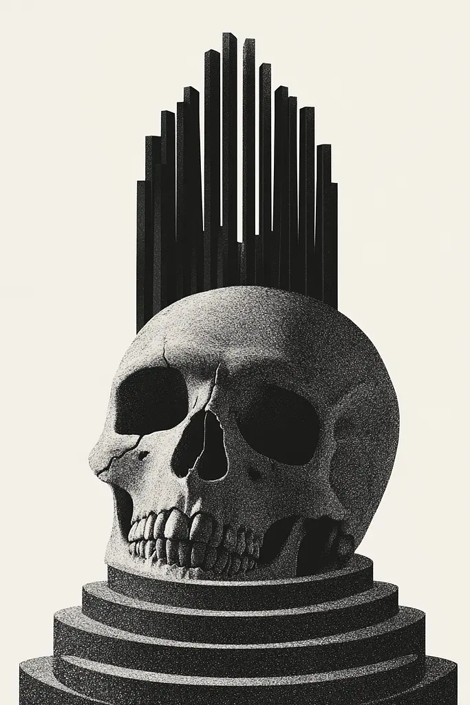 Midjourney generated image using SREF code Voidgrain: A black and white photo of a skull on top of a pedestal.