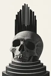 Midjourney generated image using SREF code Voidgrain: A black and white photo of a skull on top of a pedestal.