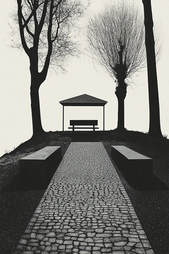 Midjourney generated image using SREF code Voidgrain: A black and white photo of a park bench and a gazebo.