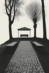 Midjourney generated image using SREF code Voidgrain: A black and white photo of a park bench and a gazebo.