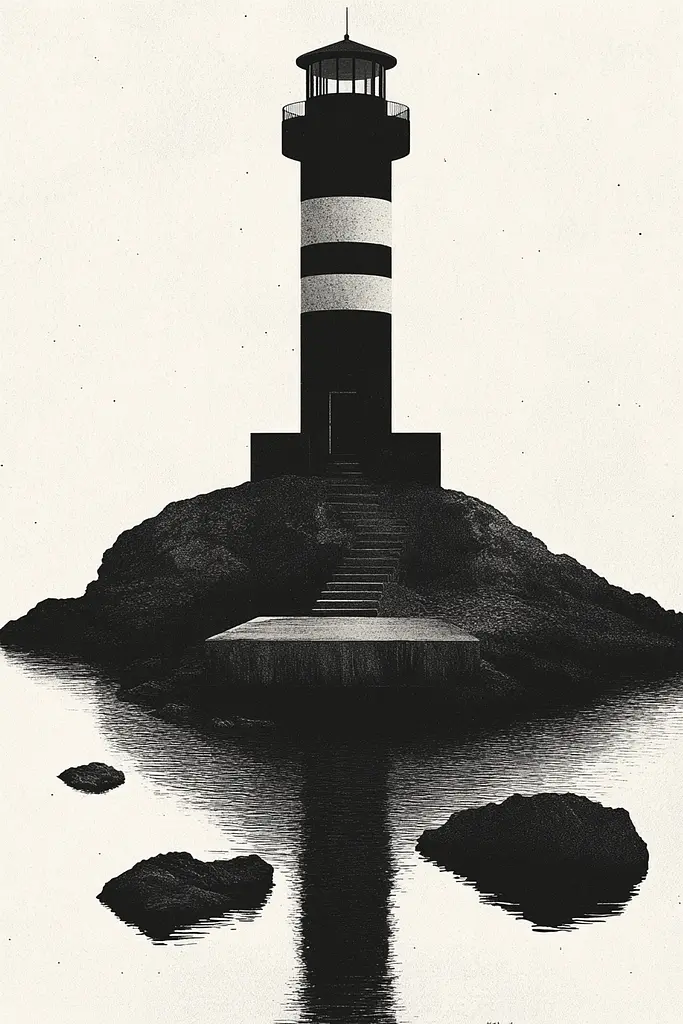Midjourney generated image using SREF code Voidgrain: A black and white photo of a lighthouse on a small island.