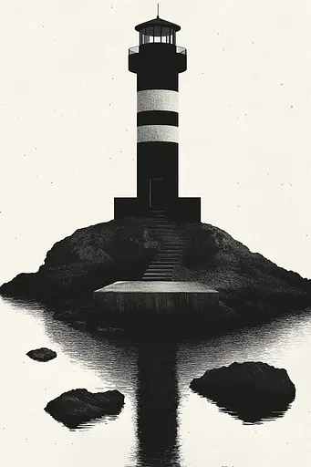 Midjourney generated image using SREF code Voidgrain: A black and white photo of a lighthouse on a small island.