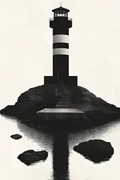 Midjourney generated image using SREF code Voidgrain: A black and white photo of a lighthouse on a small island.