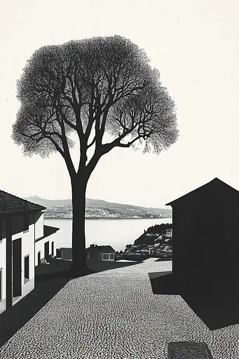 Midjourney generated image using SREF code Voidgrain: A black and white photo of a tree in the middle of a street.