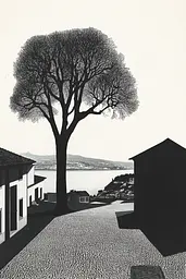 Midjourney generated image using SREF code Voidgrain: A black and white photo of a tree in the middle of a street.