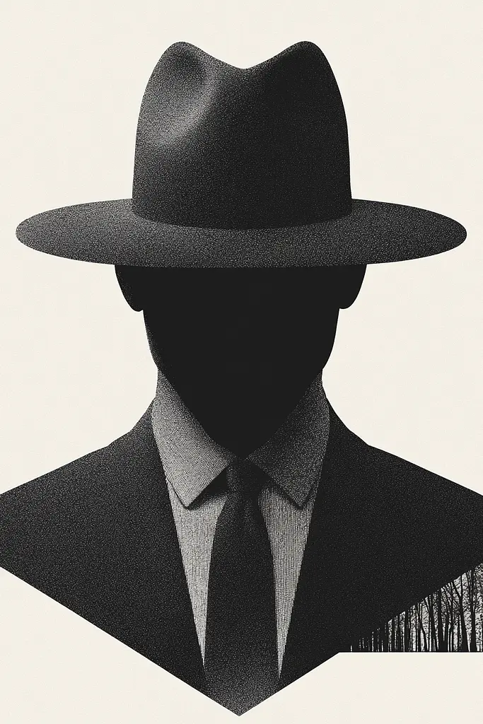 Midjourney generated image using SREF code Voidgrain: A black and white image of a man wearing a hat.
