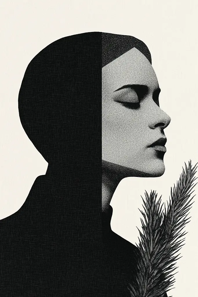 Midjourney generated image using SREF code Voidgrain: A black and white photo of a woman with a pine branch in her hand.