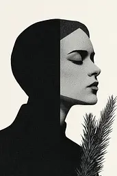 Midjourney generated image using SREF code Voidgrain: A black and white photo of a woman with a pine branch in her hand.