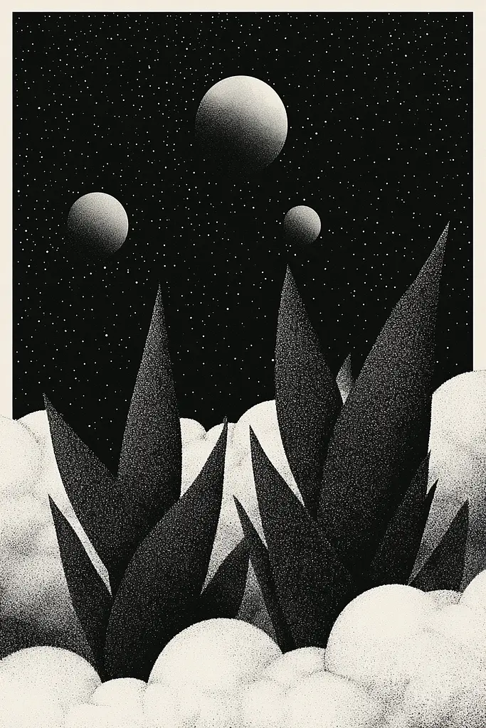 Midjourney generated image using SREF code Voidgrain: A black and white illustration of planets in the sky.