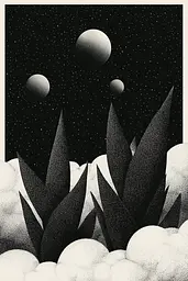 Midjourney generated image using SREF code Voidgrain: A black and white illustration of planets in the sky.