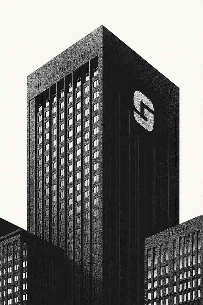 Midjourney generated image using SREF code Voidgrain: A black and white photo of a tall building with a logo on it.