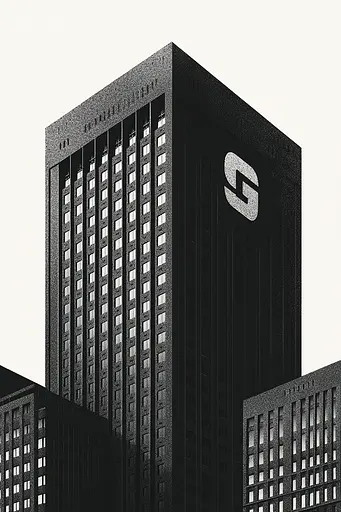 Midjourney generated image using SREF code Voidgrain: A black and white photo of a tall building with a logo on it.