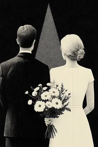 Midjourney generated image using SREF code Voidgrain: A man and a woman standing next to each other holding flowers.
