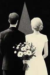 Midjourney generated image using SREF code Voidgrain: A man and a woman standing next to each other holding flowers.