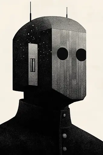 Midjourney generated image using SREF code Voidgrain: A black and white illustration of a robot head.
