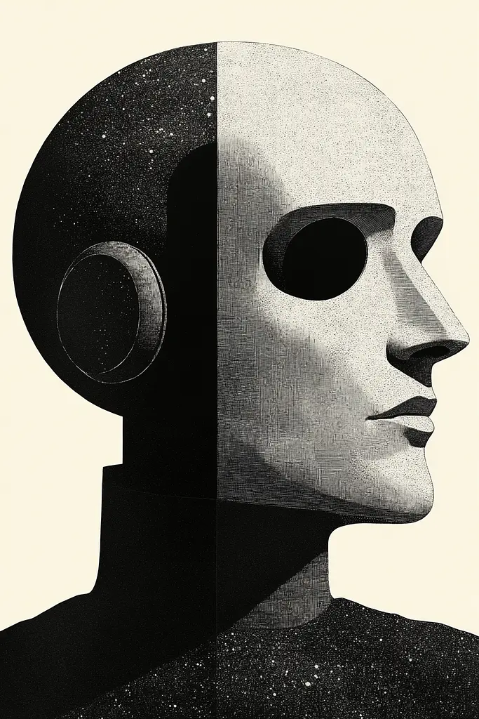 Midjourney generated image using SREF code Voidgrain: A black and white illustration of a man's head with headphones on.
