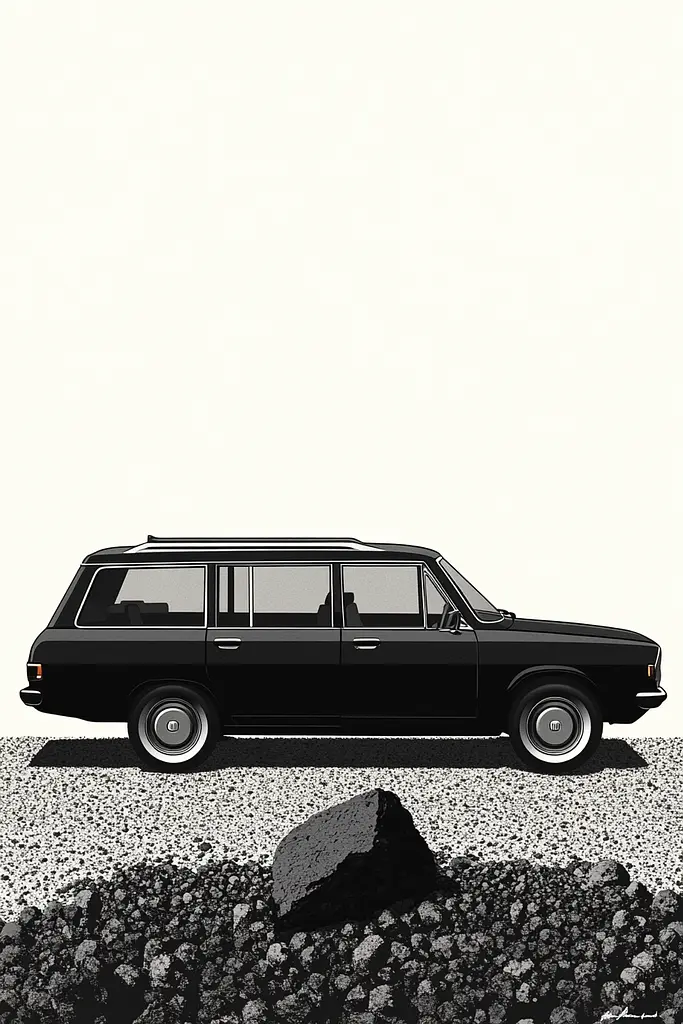 Midjourney generated image using SREF code Voidgrain: A black and white illustration of a car parked on a dirt road.