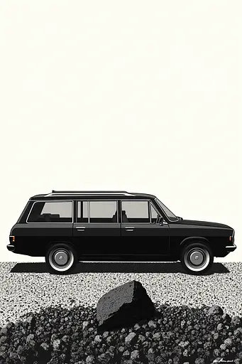 Midjourney generated image using SREF code Voidgrain: A black and white illustration of a car parked on a dirt road.