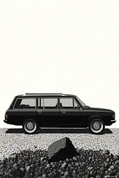 Midjourney generated image using SREF code Voidgrain: A black and white illustration of a car parked on a dirt road.