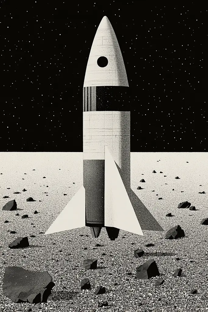 Midjourney generated image using SREF code Voidgrain: A black and white illustration of a rocket in the desert.