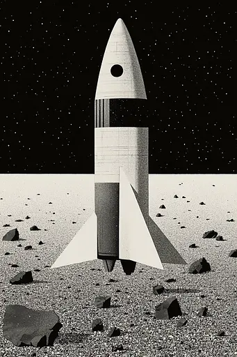 Midjourney generated image using SREF code Voidgrain: A black and white illustration of a rocket in the desert.