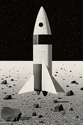 Midjourney generated image using SREF code Voidgrain: A black and white illustration of a rocket in the desert.