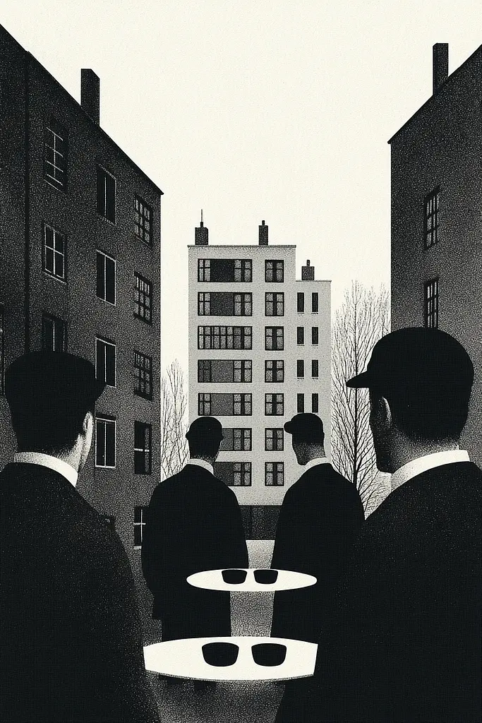 Midjourney generated image using SREF code Voidgrain: A group of men standing around a table in front of a building.