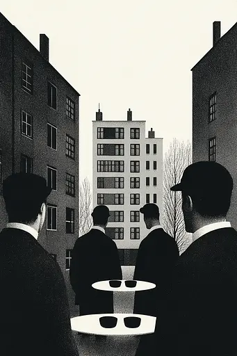 Midjourney generated image using SREF code Voidgrain: A group of men standing around a table in front of a building.