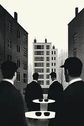 Midjourney generated image using SREF code Voidgrain: A group of men standing around a table in front of a building.