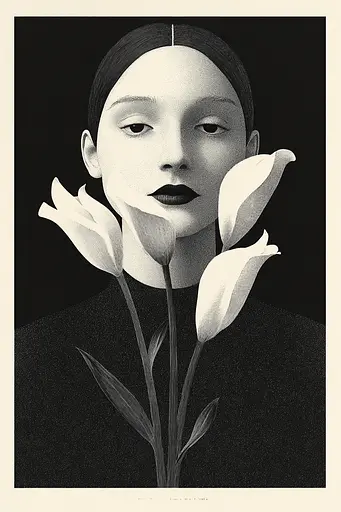 Midjourney generated image using SREF code Voidgrain: A black and white photo of a woman with flowers in her hair.