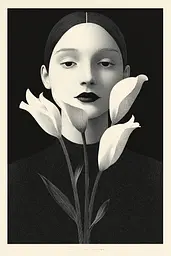 Midjourney generated image using SREF code Voidgrain: A black and white photo of a woman with flowers in her hair.