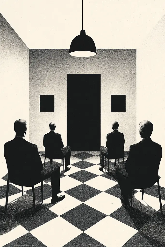 Midjourney generated image using SREF code Voidgrain: A group of people sitting in chairs in a room.