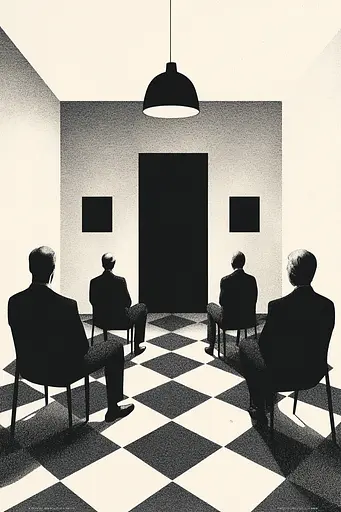 Midjourney generated image using SREF code Voidgrain: A group of people sitting in chairs in a room.