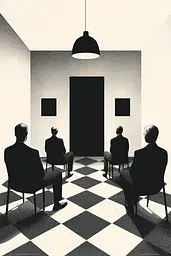Midjourney generated image using SREF code Voidgrain: A group of people sitting in chairs in a room.