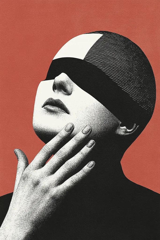 Midjourney generated image using SREF code Voidgrain: A woman with a blindfold covering her face. 