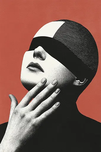 Midjourney generated image using SREF code Voidgrain: A woman with a blindfold covering her face. 