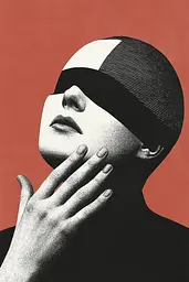 Midjourney generated image using SREF code Voidgrain: A woman with a blindfold covering her face. 