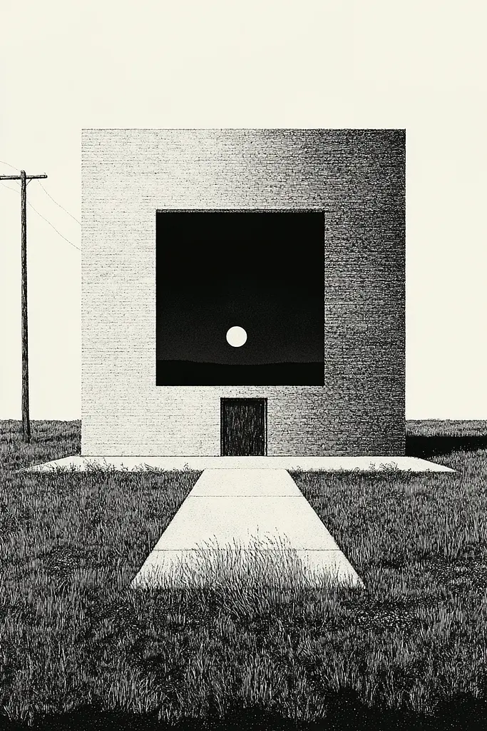 Midjourney generated image using SREF code Voidgrain: A black and white drawing of a building in a field.