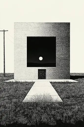 Midjourney generated image using SREF code Voidgrain: A black and white drawing of a building in a field.
