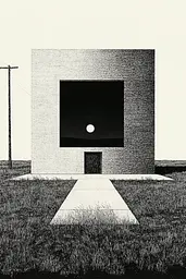 Midjourney generated image using SREF code Voidgrain: A black and white drawing of a building in a field.