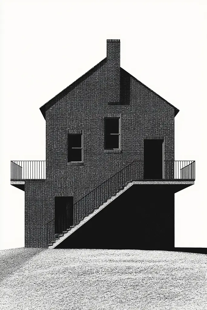 Midjourney generated image using SREF code Voidgrain: A black and white drawing of a house on a hill.
