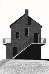 Midjourney generated image using SREF code Voidgrain: A black and white drawing of a house on a hill.