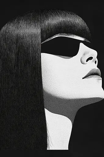 Midjourney generated image using SREF code Voidgrain: A black and white photo of a woman with long hair.