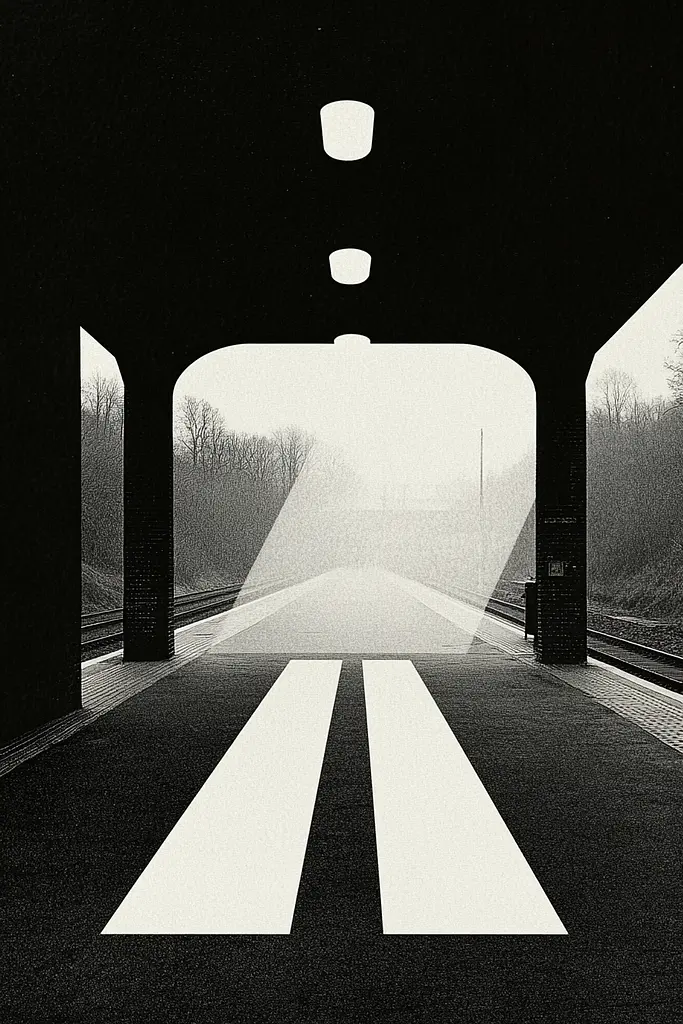 Midjourney generated image using SREF code Voidgrain: A black and white photo of a train station.