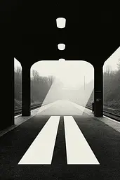 Midjourney generated image using SREF code Voidgrain: A black and white photo of a train station.